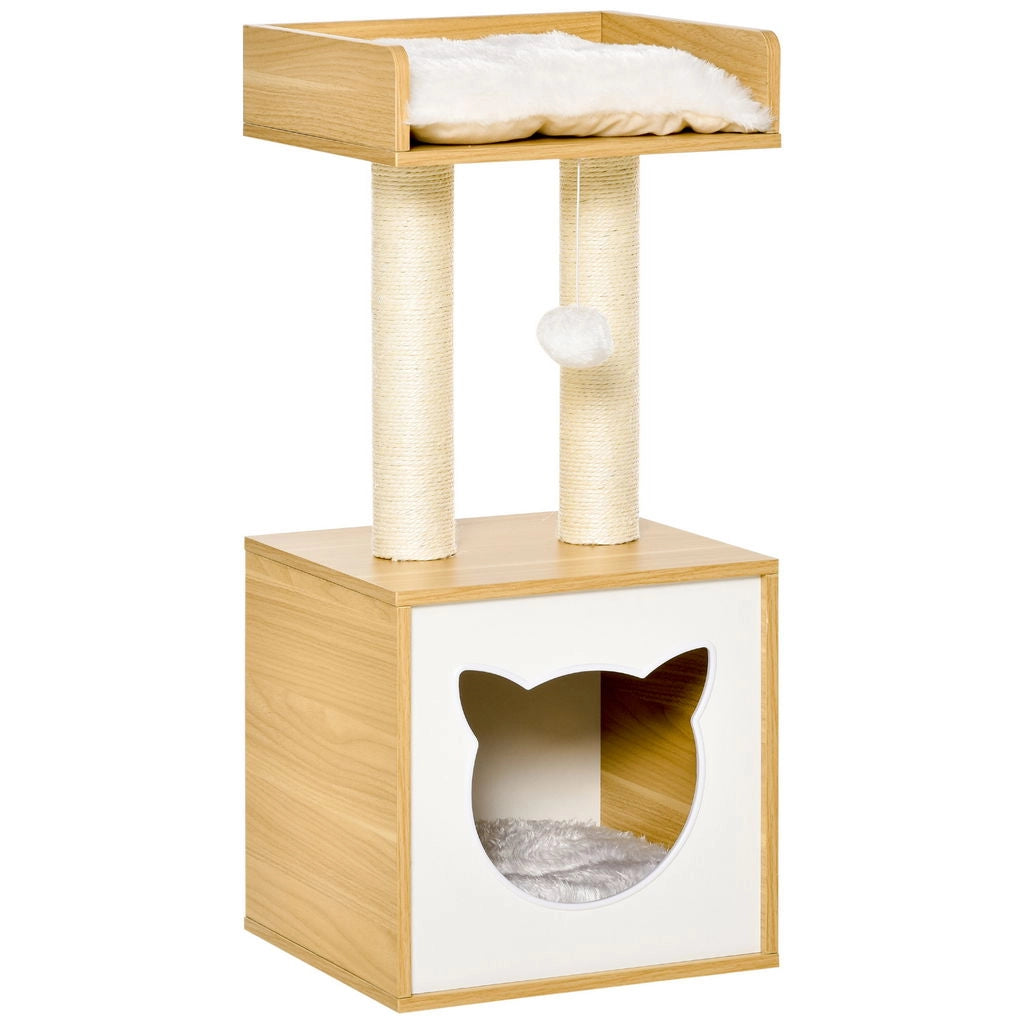 CASETTA PER GATTI CON PALI TIRAGRAFFI IN SISAL, CUSCINI LAVABILI E PALLINA, 35X35X81CM, QUERCIA