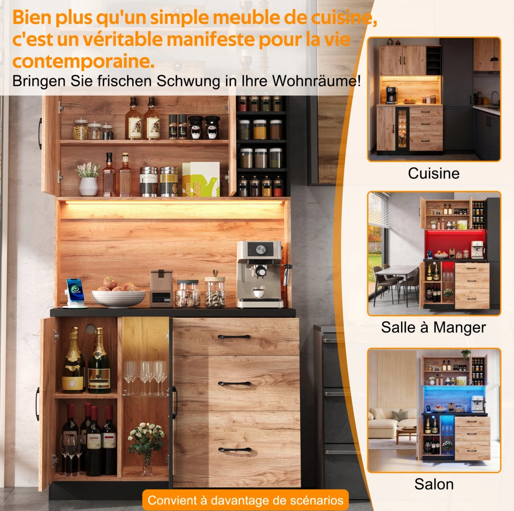 Credenza cucina alta in MDF con LED; 3 cassetti; prese EU e USB; nero e effetto legno