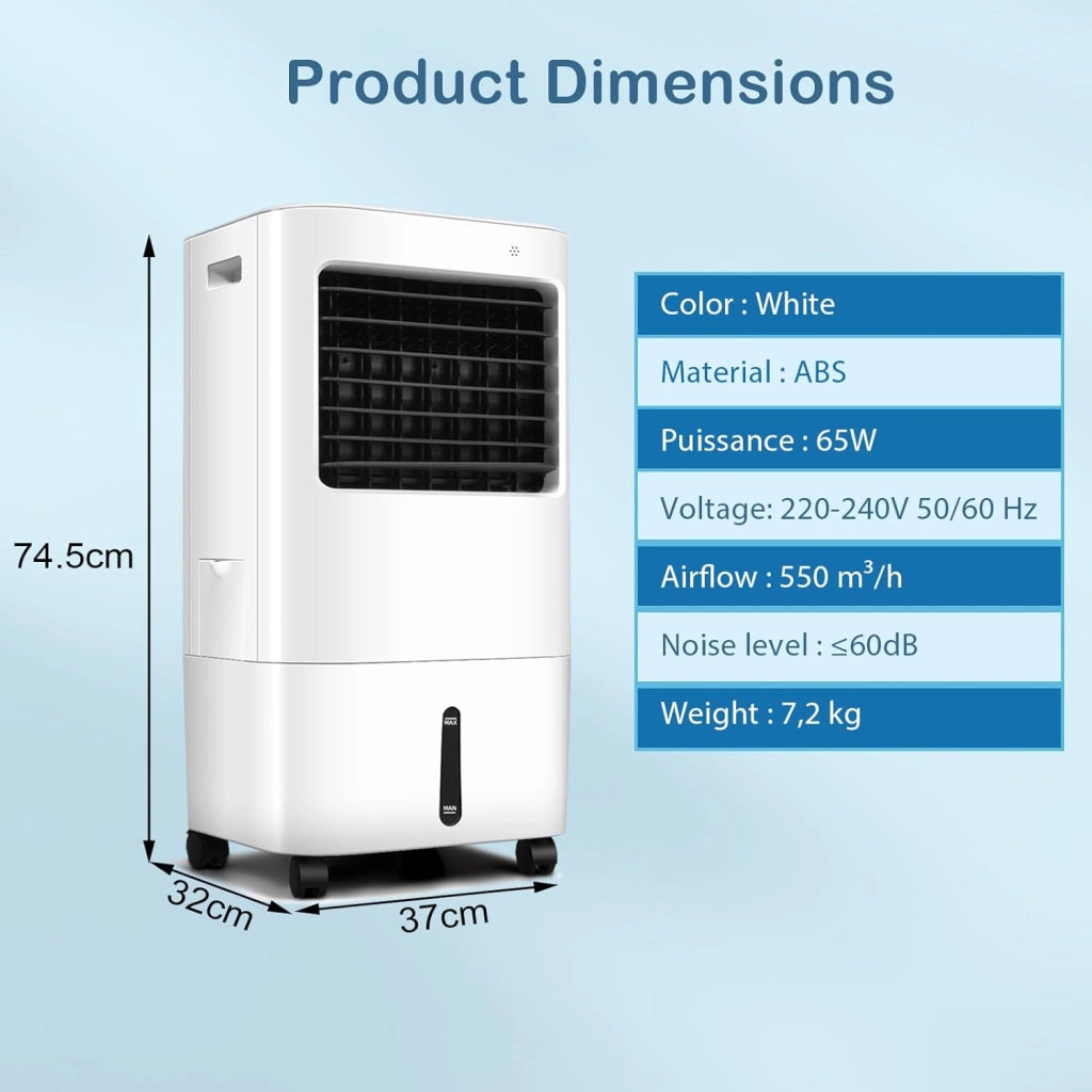Ventilatore Condizionatore Portatile 65W, Raffreddatore d'Aria 3 in 1, Air Cooler & Ventilatore & Umidificatore, con Telecomando, 4 Velocità Regolabili, Timer 7,5H, Serbatoio d'Acqua 20L