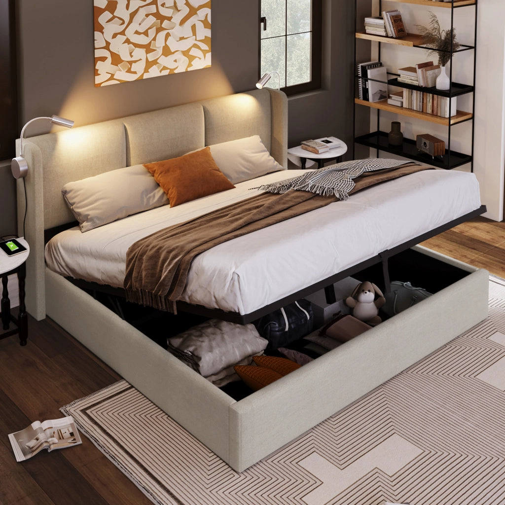 Letto matrimoniale 160x200 in beige con contenitore, testiera con luce da lettura e porta USB, struttura in metallo e legno
