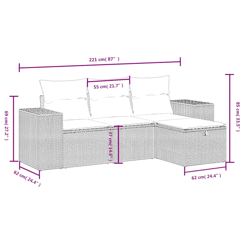 Set Divano da Giardino 4 pz con Cuscini Beige in Polyrattan