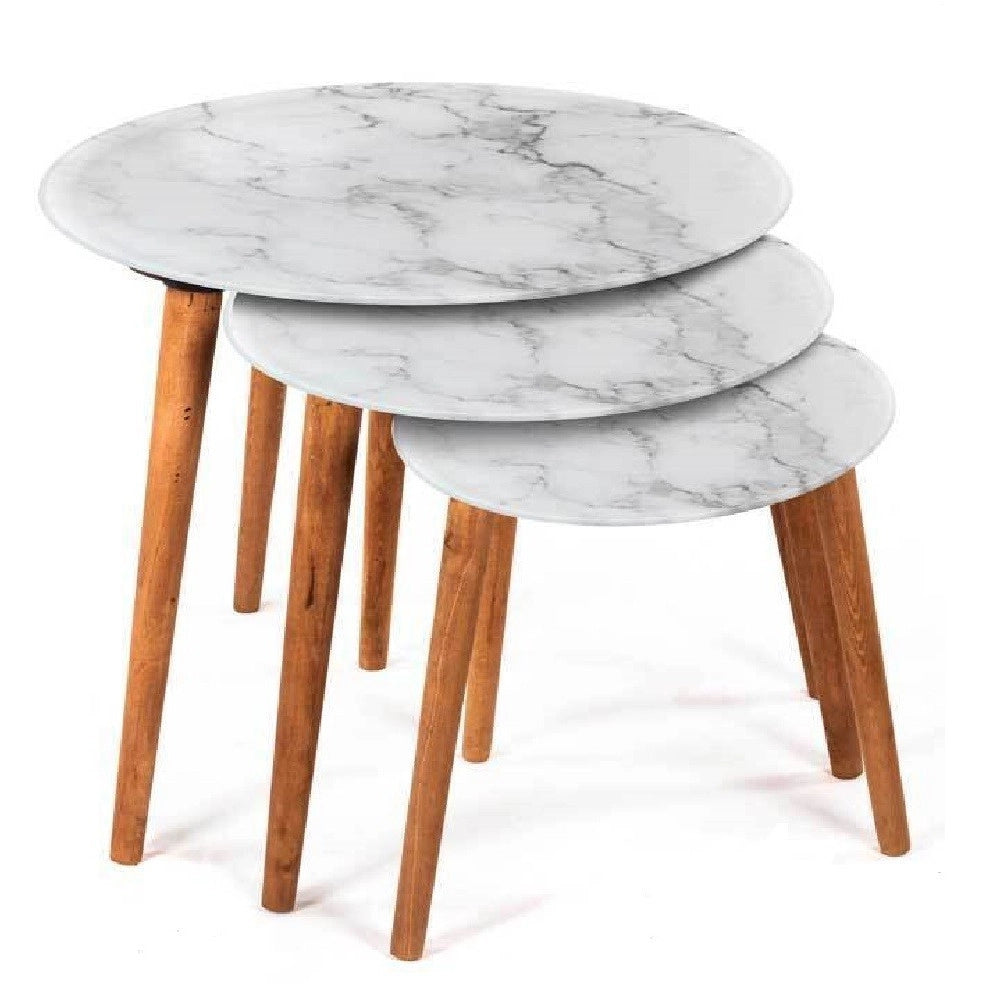 Trade Shop - Set 3 Tavolini Effetto Marmo Piedi Legno Salotto Moderno Tondi ø53-39-30cm 839429 -