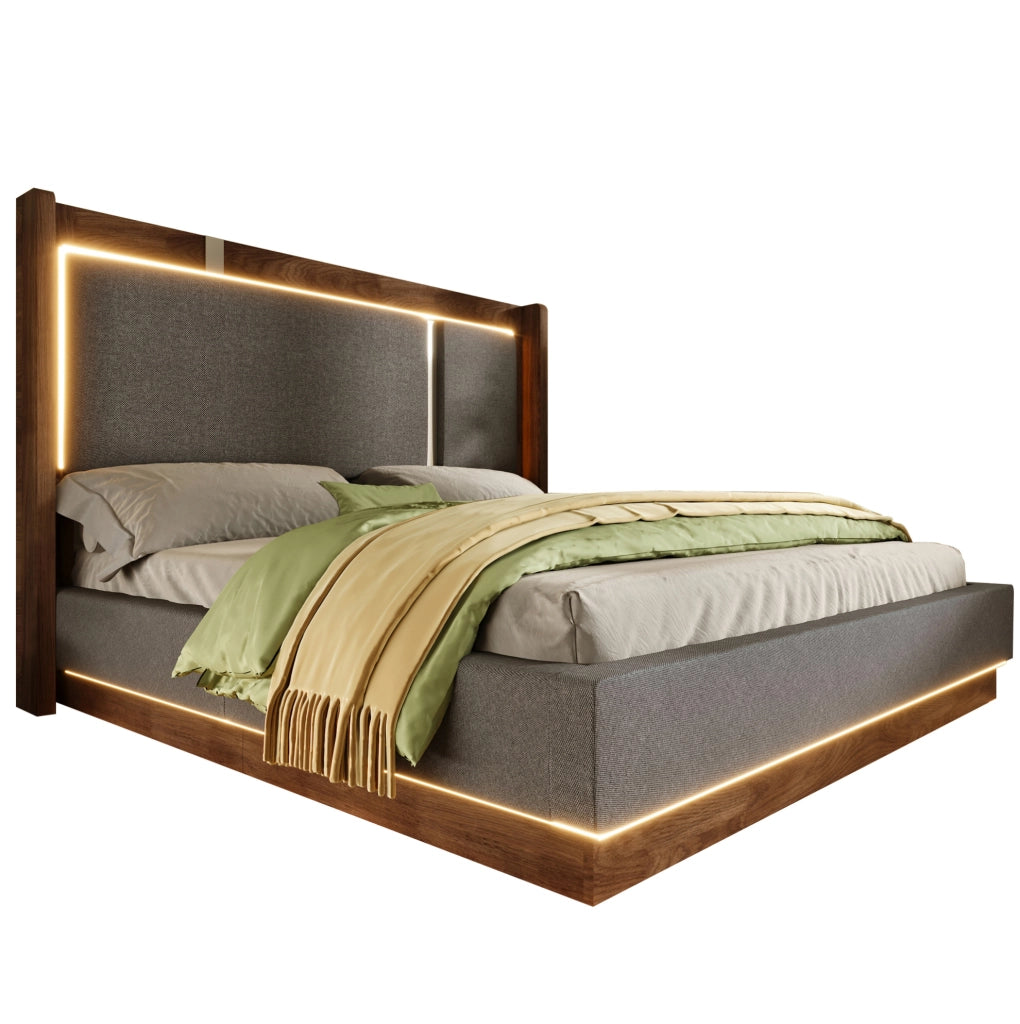 Letto matrimoniale 140x200 cm imbottito con LED; contenitore idraulico; grigio e noce