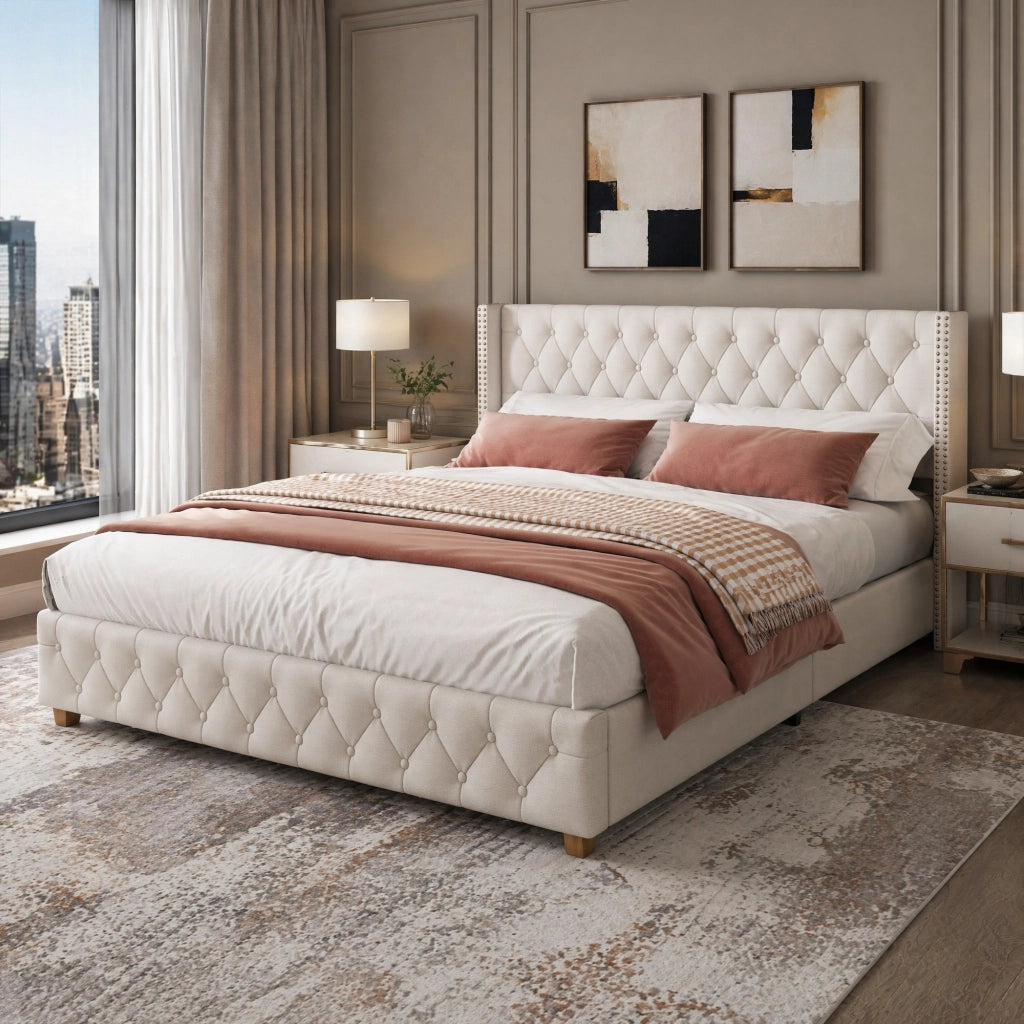 Letto matrimoniale imbottito 160x200 cm in lino beige con testiera decorata