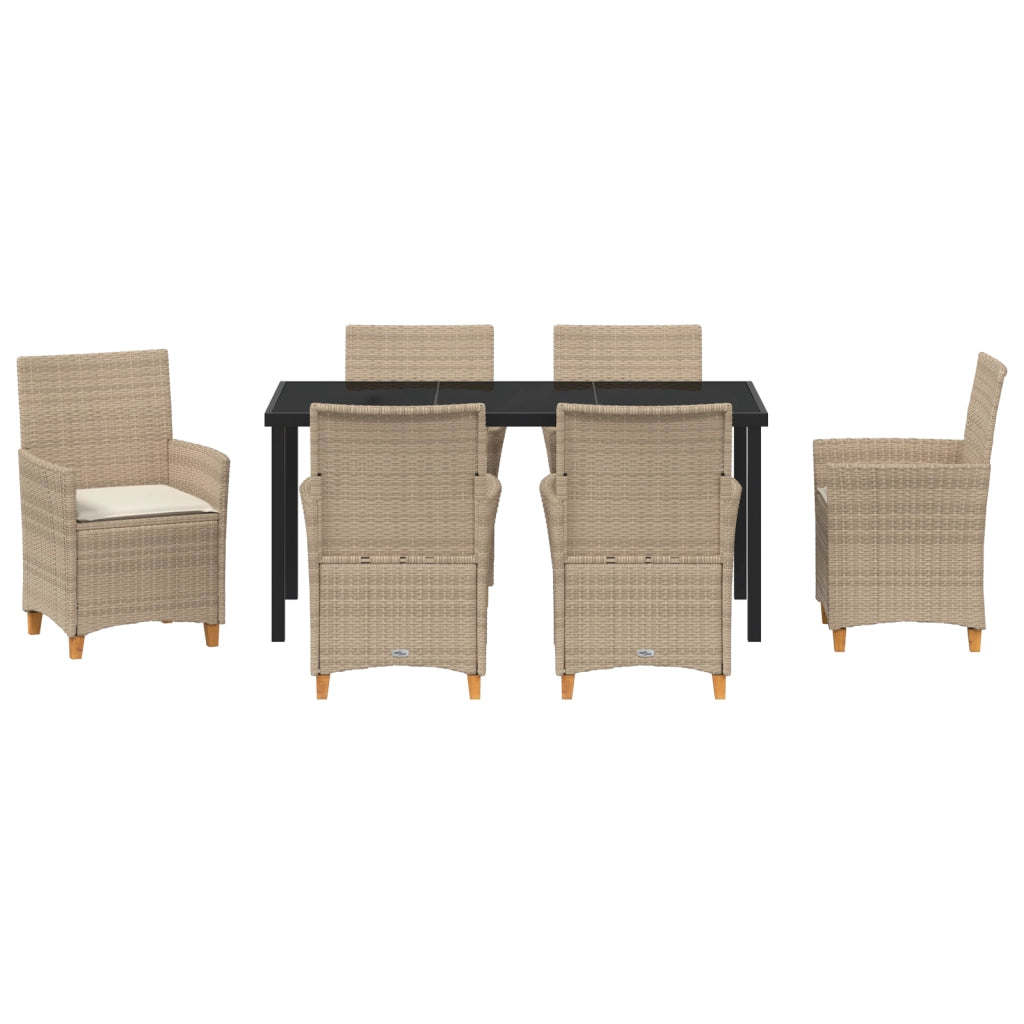 Set da Pranzo da Giardino da 7 Pezzi con Cuscini Beige Rattan Poliestere