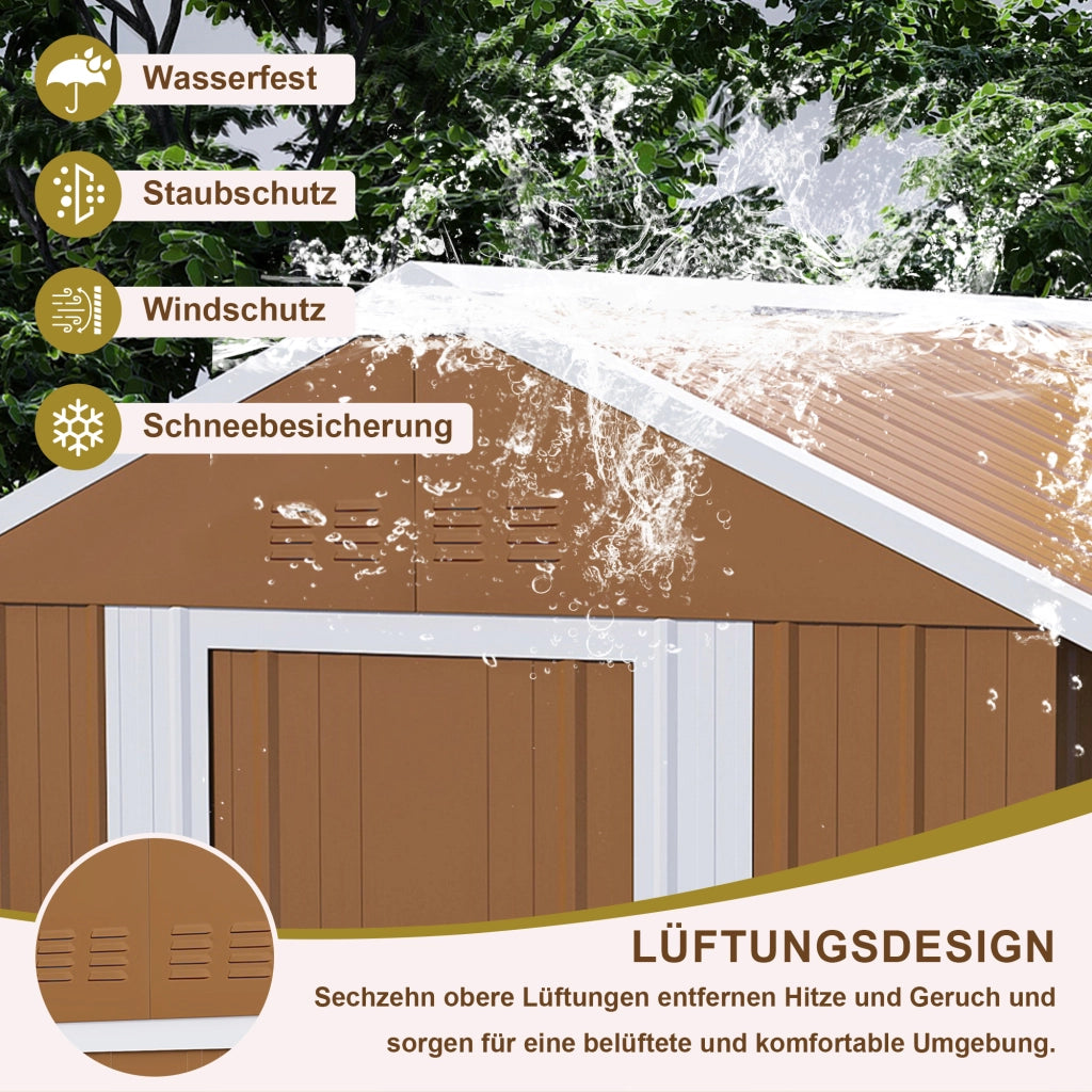 Casetta da giardino in metallo con doppia porta scorrevole, aerazione e tetto a due falde marrone 180 × 96 × 194 cm
