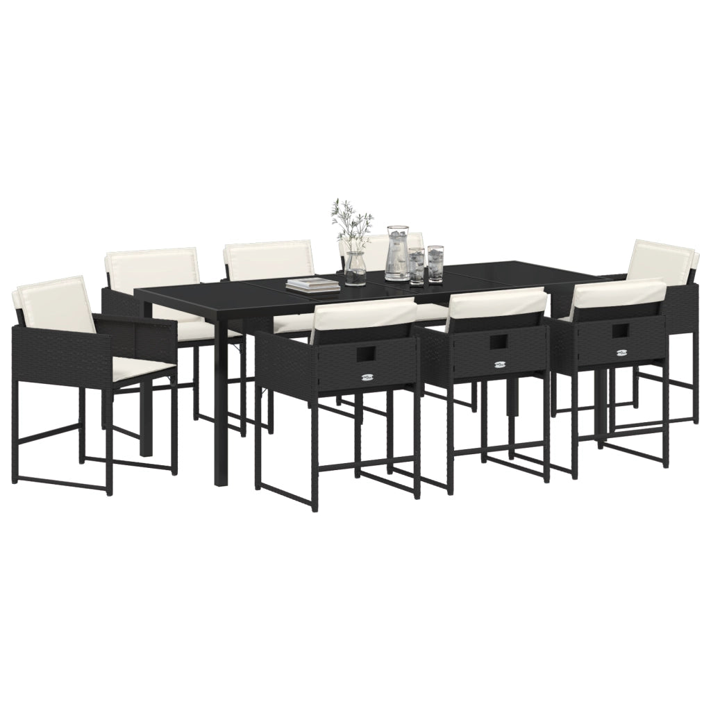 Set da Pranzo in 9 Pezzi con Cuscini - Rattan Polietilenico Nero