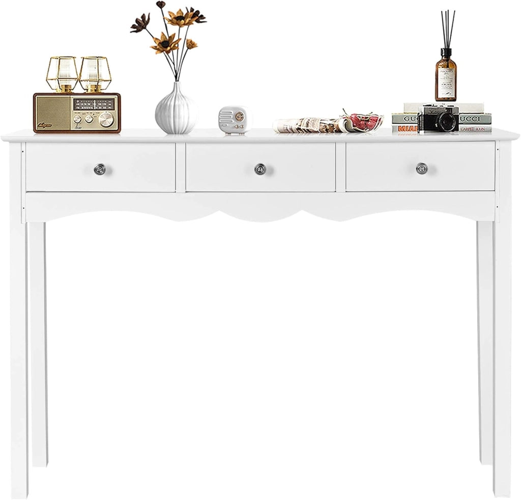 Tavolo Consolle, con 3 Cassetti, Console e Tavoli da Divano, Design Compatto e Stretto, Ingresso, Salotto, Salvaspazio e Moderno, Portata di 45 kg, 100x32x75 cm (Bianco)