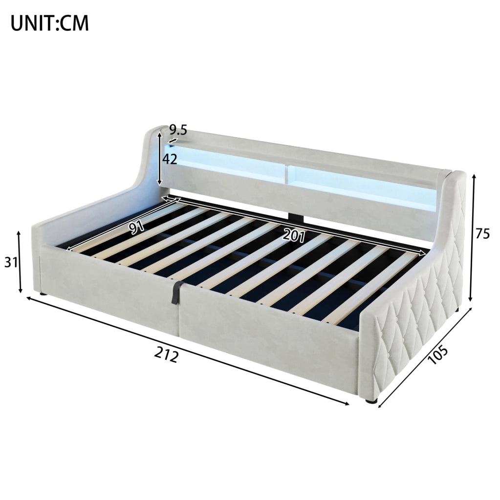 Letto singolo imbottito ULEVR 90x200 cm con vano contenitore idraulico e testiera LED multicolore, beige