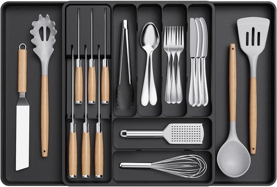 Organizzatore di Cassetta da Cucina Estensibile con Blocco di Coltelli - Supporto Regolabile per Utensili da Cucina e Oggetti di Argento