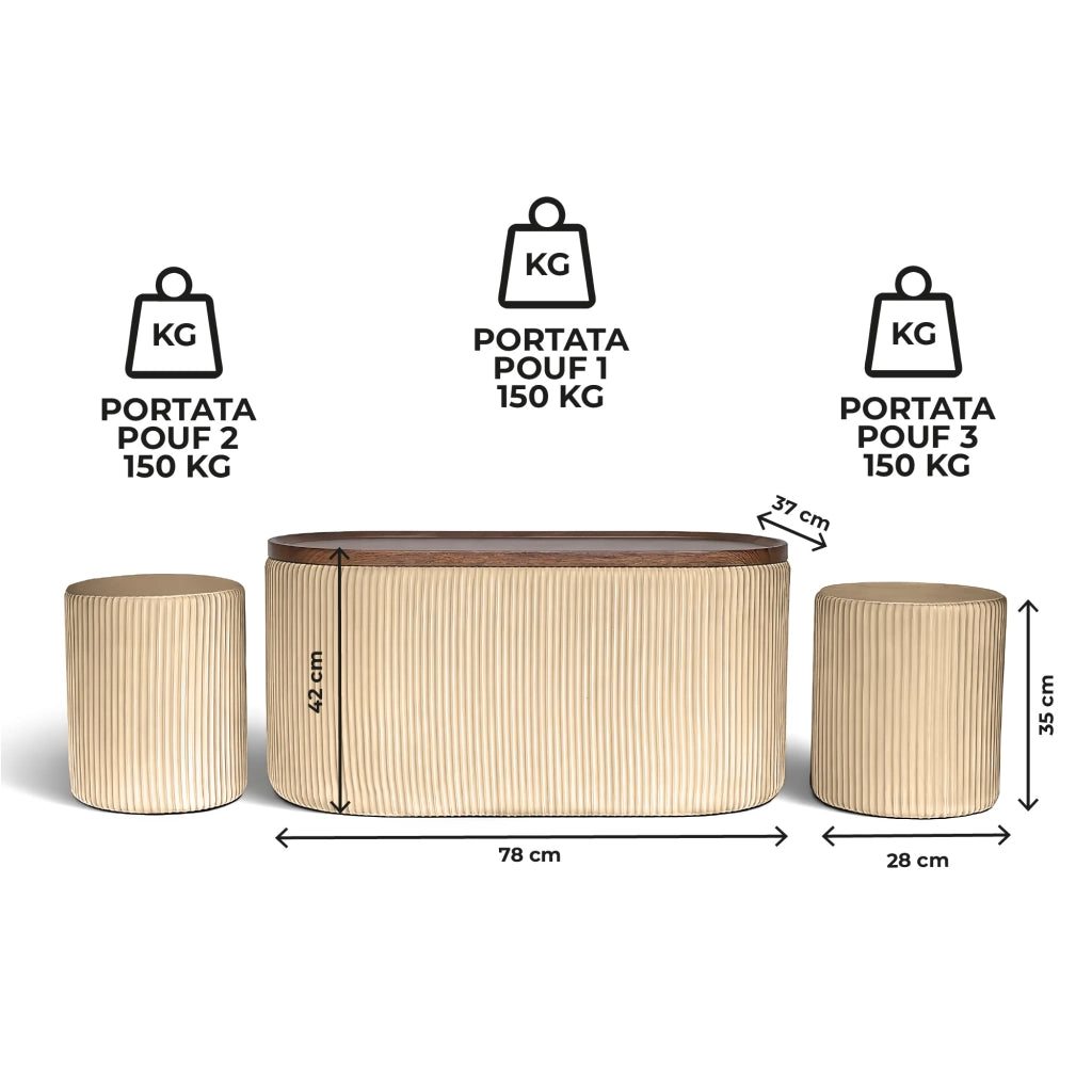 Set 3 Pouf Contenitore con Tavolino da Salotto Ovale in Velluto e Coperchio in Legno, 2 Pouf Interni Salvaspazio, Tavolino Contenitore Moderno, Seduta Imbottita Crema