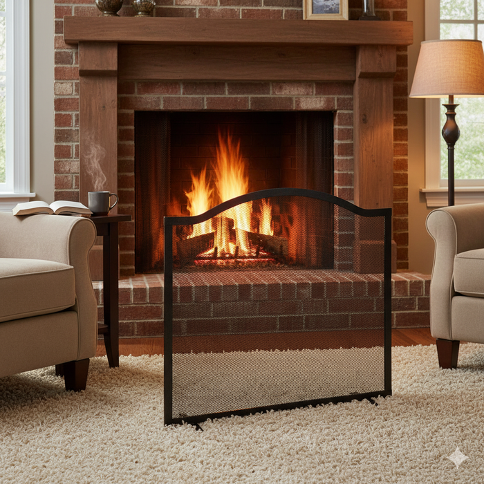 Parascintille per Camino 60x58 cm Bordo Superiore a Onda in Ferro Verniciato Grigio Martellato