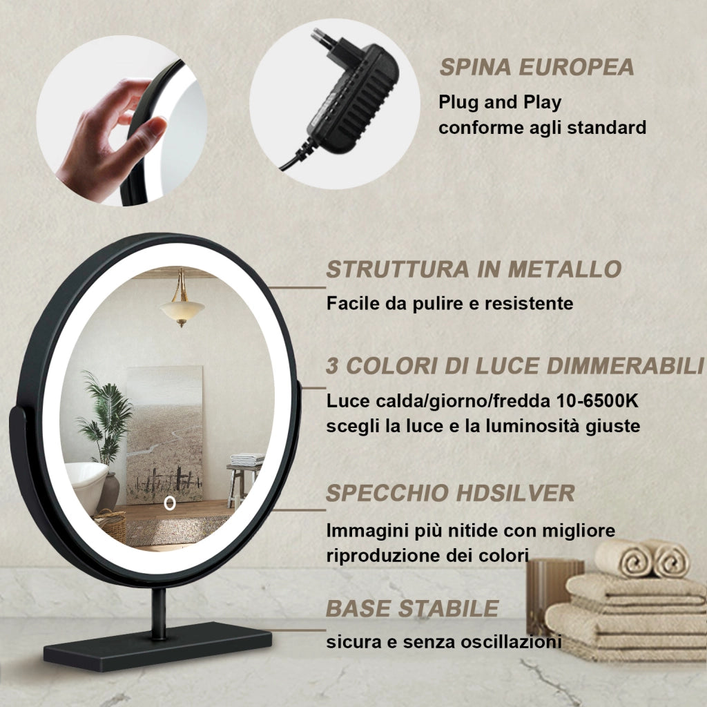 40x48cm Specchio da trucco a posizionamento statico LED + Touch Control + 3 temperature di colore regolabili