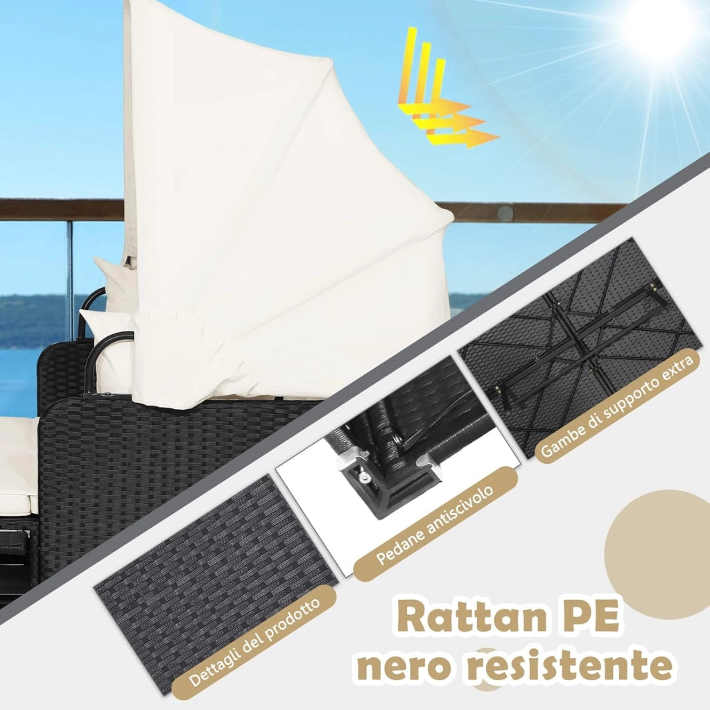 Lettino Prendisole in Rattan, Lettino da Giardino per 2 Persone con Tettuccio Retrattile, Cuscini Spessi, Ideale per Giardino Cortile Portico Prato, 165x153x138 cm