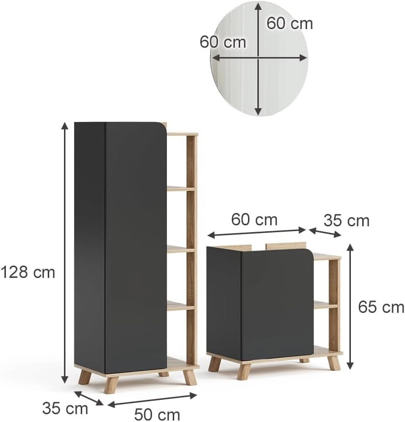 Set di mobili da bagno Karen, Sonoma/antracite, 60 cm, composto da mobile sottolavabo, specchiera e colonna alta