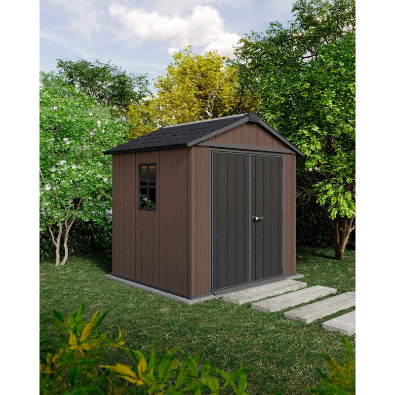 Casetta da giardino in resina EVOTECH+ 223x230 cm - con pavimento e doppia porta - carico neve 150 kg/m² – Newton Plus 757/775 - Marrone - Keter