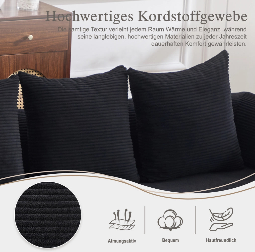 Sofa modulare in tessuto corduroy nero con struttura in metallo; 200 x 190 x 67 cm