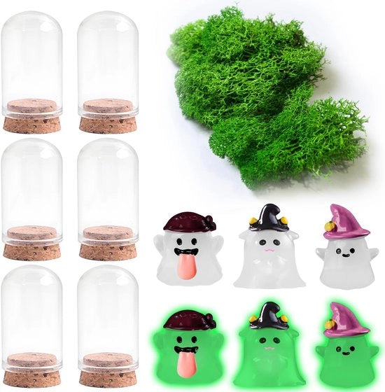 Set di decorazioni per Halloween a luce emessa - Figurine spettrali da 6 pezzi - Miniatura decorativa - Regalo - Adatto a tutte le età - Incluso muschio conservato - Decorazione spettrale