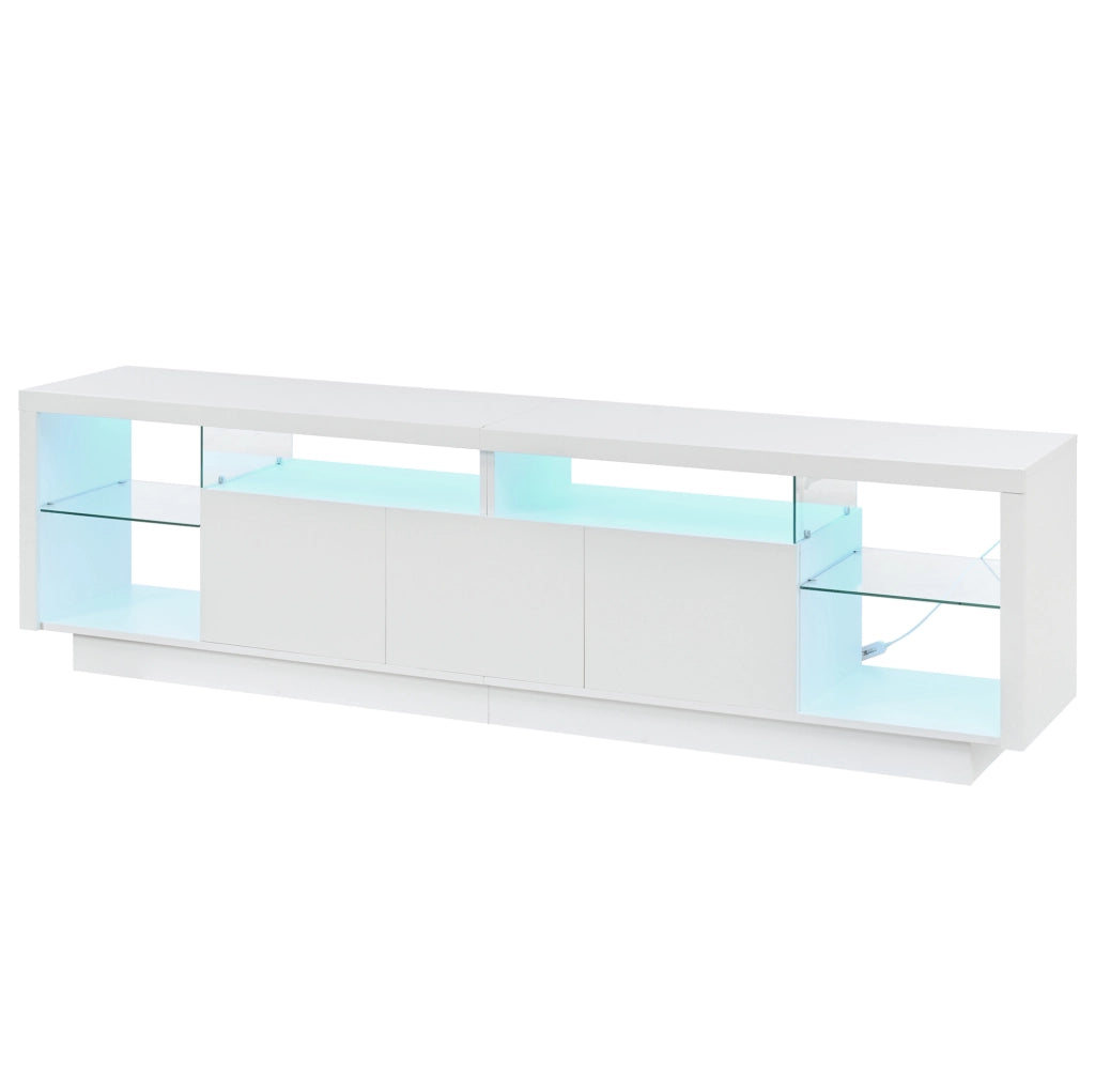Mobile TV 200x38x55 cm con ante lucide; LED multicolore da app; in truciolare bianco