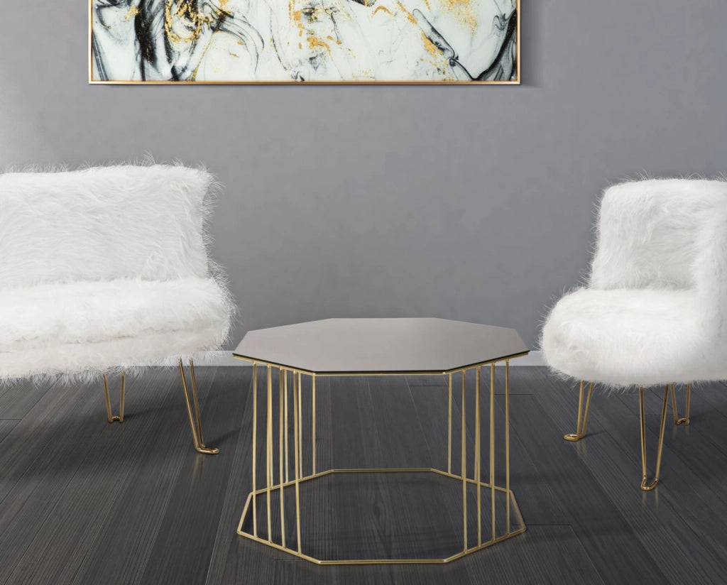 Tavolino in metallo dorato, piano in vetro fumè 70x70x45cm Octagonal