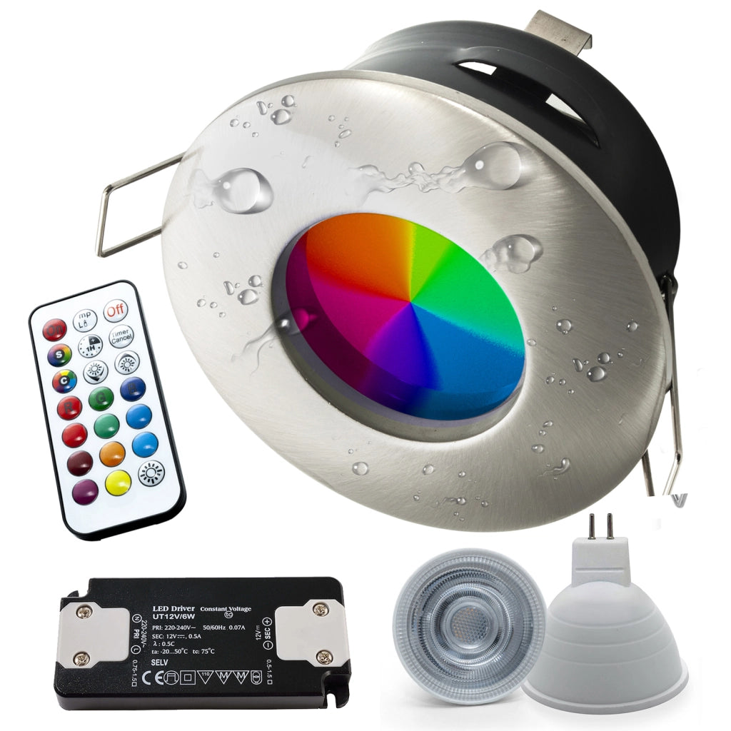 Faretto incasso LED 6W 12V cromoterapia IP65 box doccialampada GU5.3 RGBW RGB 3000K telecomando IR SILVER CROMATO