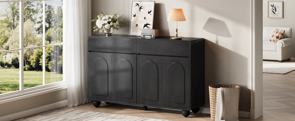 Credenza e madia con 2 cassetti, 4 ante e ripiani regolabili, in MDF e PB, per soggiorno, nero, 140 × 38 × 89 cm