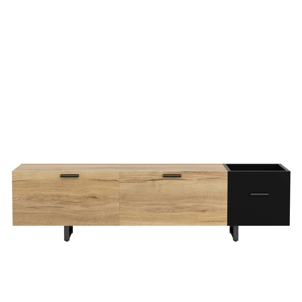 Mobile TV moderno in legno naturale e nero con ripiani aperti e cassetti, 180 cm