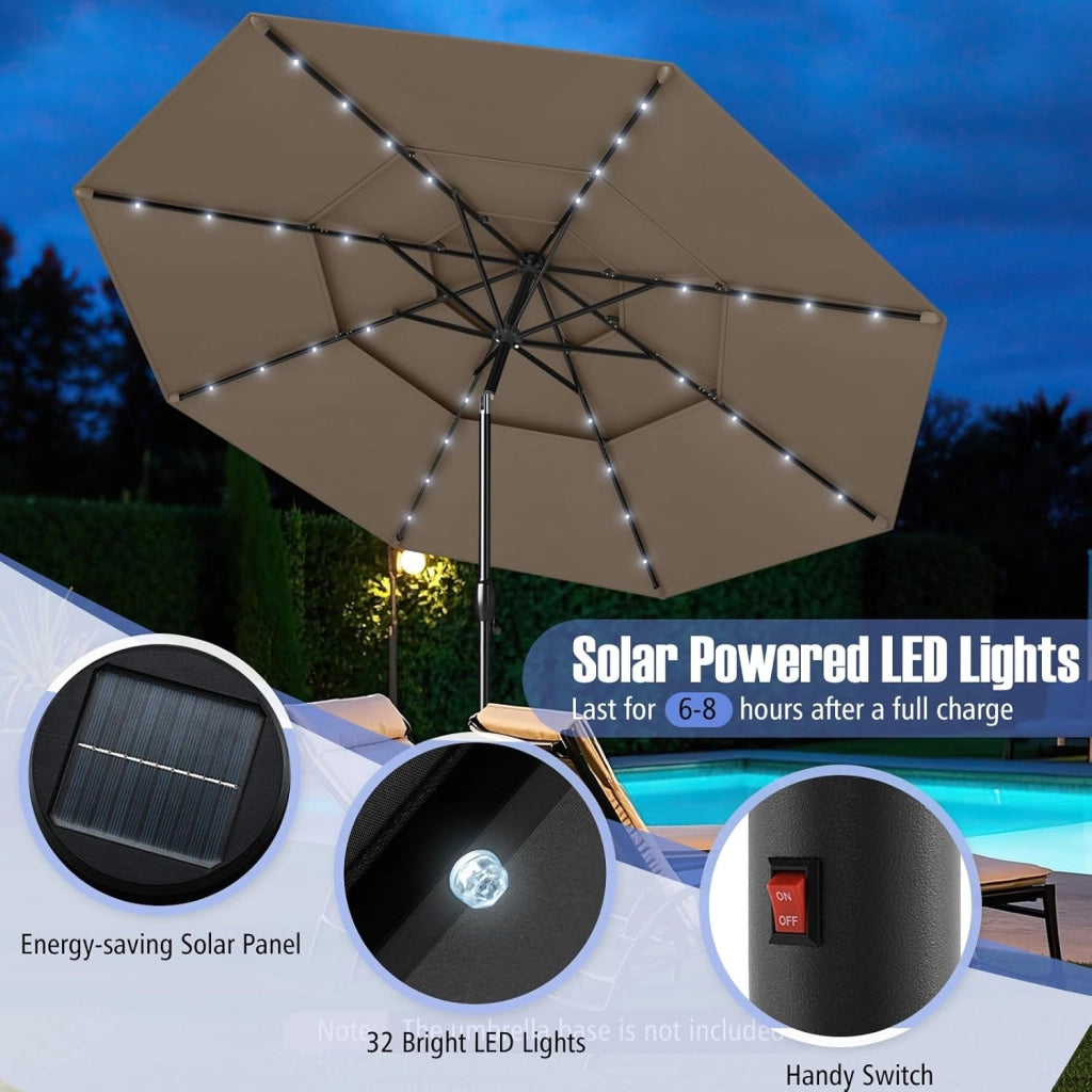 Ombrellone da Giardino con 32 Luci LED, Pannelli Solari e Manovella, Ombrellone Parasole da Patio 313cm Inclinabile con 8 Osse, per Balcone, Spiaggia, Piscina, Base Non Inclusa