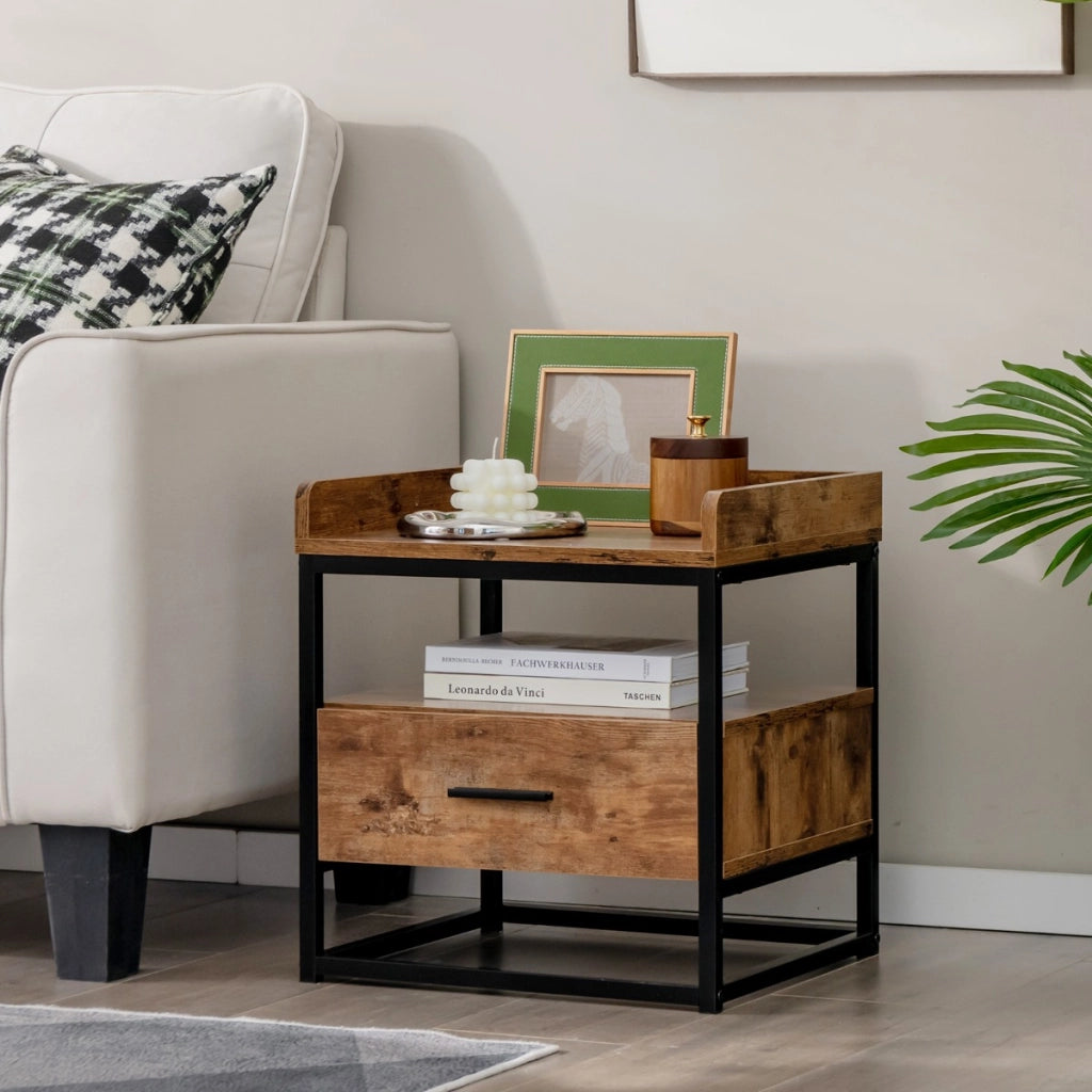 Tavolino a 3 livelli con cassetto baffles superiori rialzati scomparto aperto, Comodino in legno Marrone rustico-Tavolini
