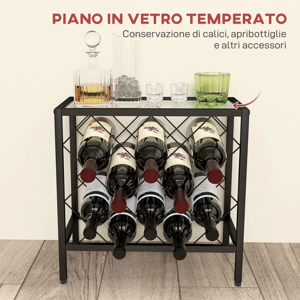Portabottiglie Vini per 10 Bottiglie 41x22x41 cm con Piano d'Appoggio in Vetro in Acciaio Nero