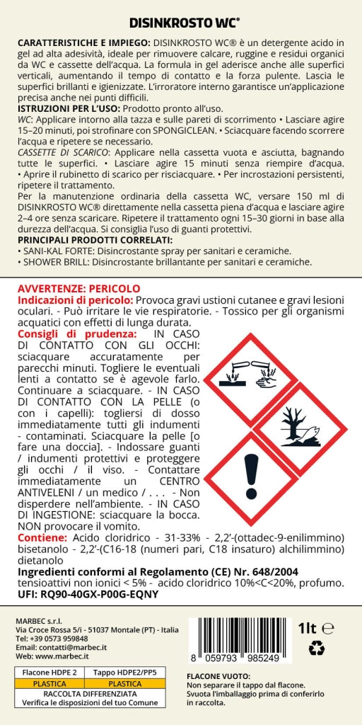 Disincrostante WC in gel elimina calcare ostinato DISINKROSTO WC® - 1LT