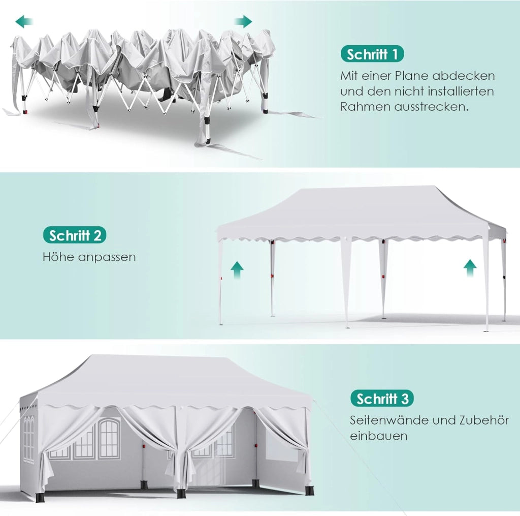 Gazebo 3x6 Pieghevole Impermeabile Con 6 Pareti Laterali - Tenda Protezione UV 50+ - 12 Chiodi Rettificati e 6 Corde - Per Esterno, Giardino, Campeggio, Matrimoni - Bianco