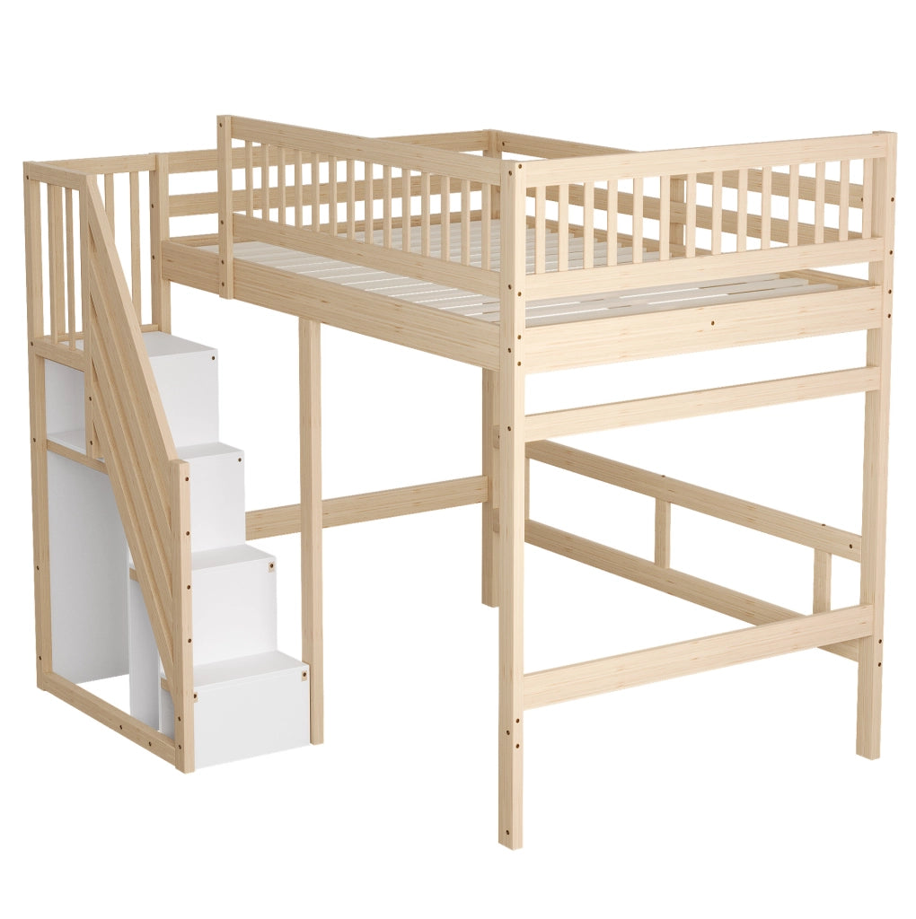 Letto 140x200 cm con scala contenitore e protezione alta in legno colore naturale