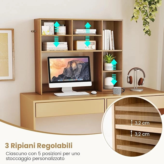 Libreria da Scrivania, Scaffale per Scrivania con 3 Ripiani Regolabili e Scomparto Aperto per Monitor 27", Organizzatore di Spazio per Casa Ufficio Dormitorio, 94x25x79 cm (Naturale)