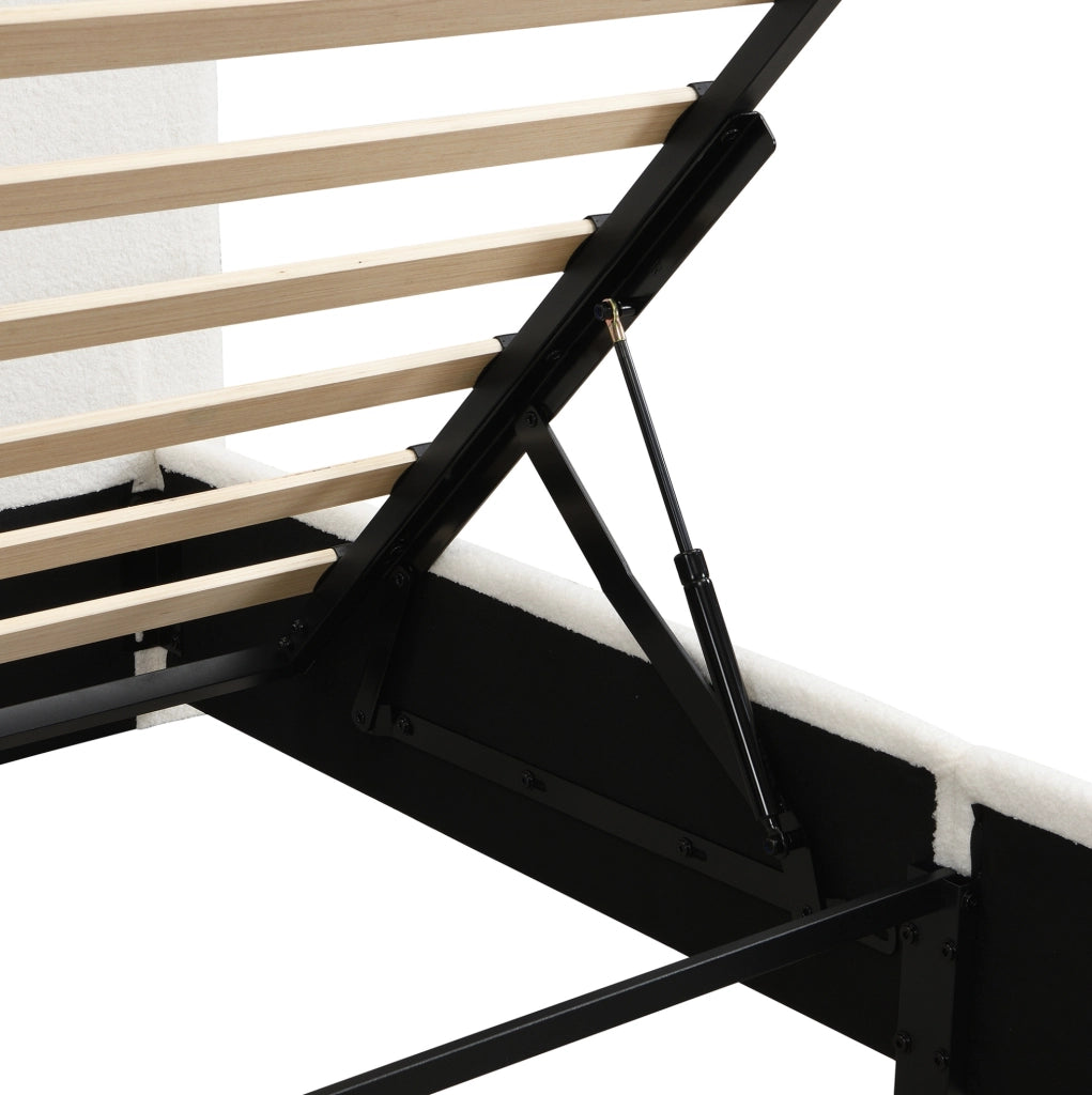 Letto imbottito con contenitore e LED in bouclé bianco