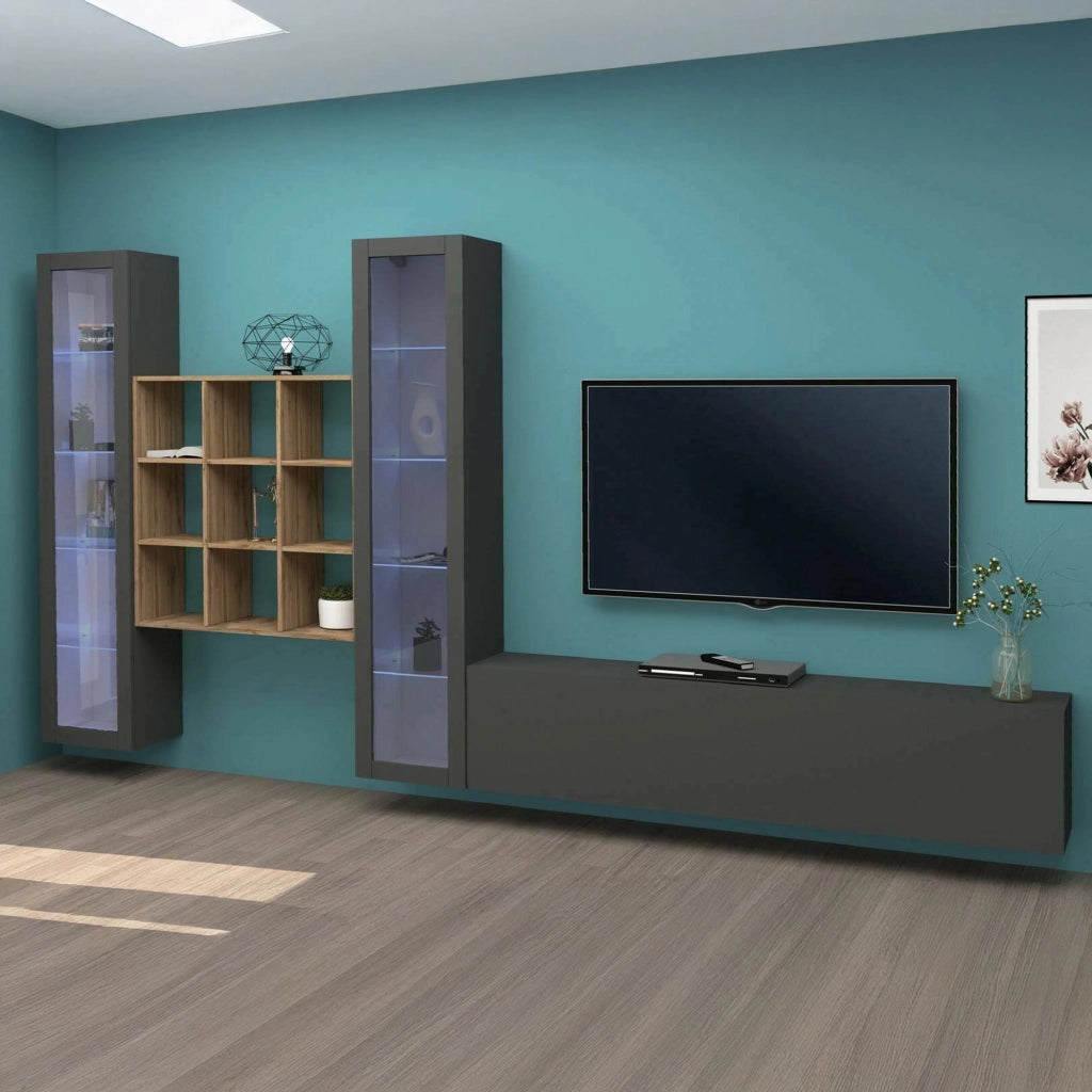 Mobile Soggiorno Atella, Parete Attrezzata 18 Ripiani Made in Italy, 350x30x180h cm Nero Antracite