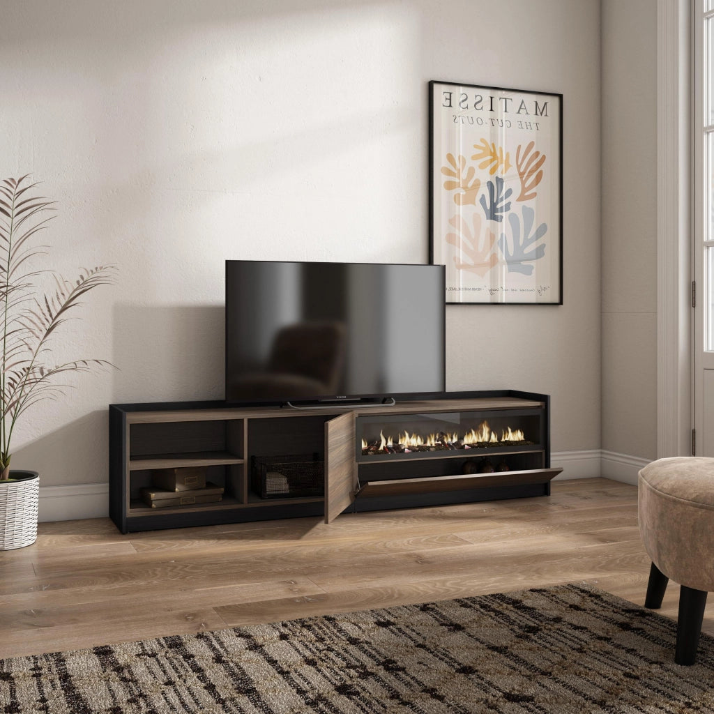 Mobile TV Soggiorno, 207x50x37 cm, Per TV fino a 80", Camino elettrico, Rovere scuro e Nero