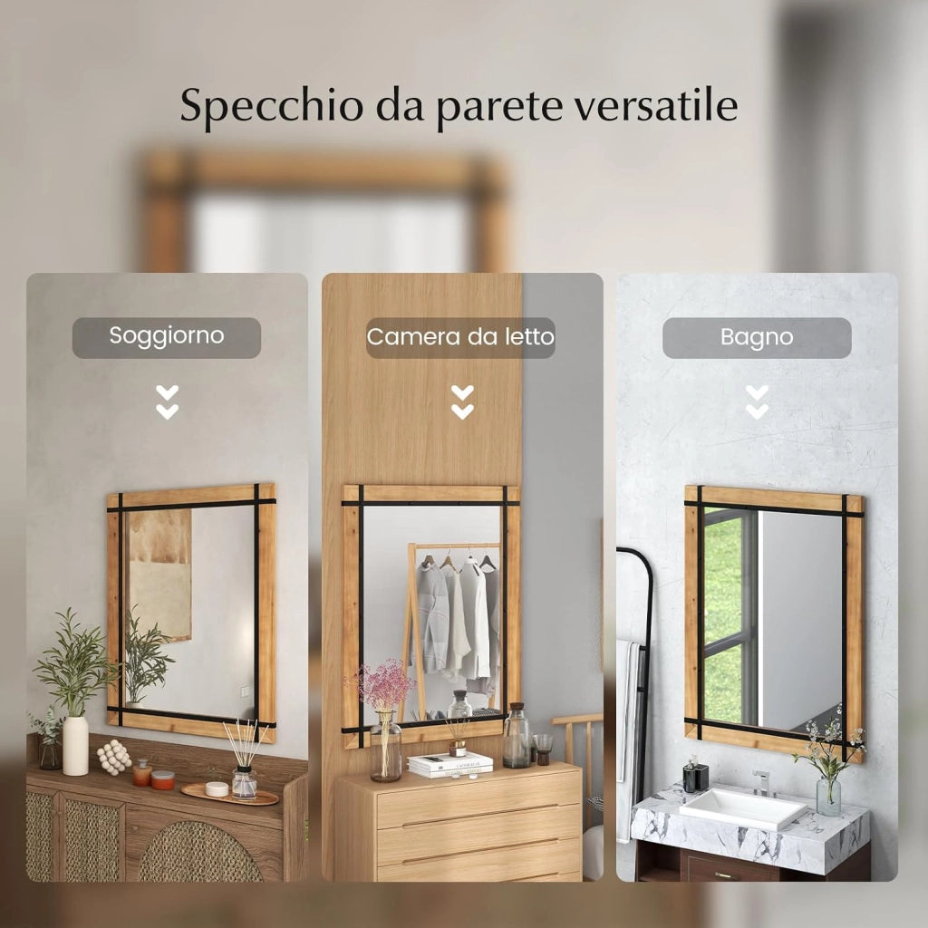 Specchio da Parete 77 x 100 CM, Specchio Rettangolare con Cornice in Legno di Abete, Specchio da Parete per Bagno Ingresso e Camera da Letto