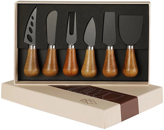 Set di cucchiaini occidentali (6 pezzi): forchetta di acacia, cucchiaio di acciaio inossidabile per pane, cucchiaio per burro, forchetta per formaggio.