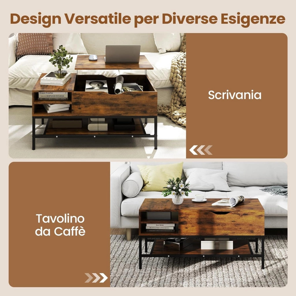 Tavolino da Caffè con Piano Sollevabile e Scomparto Nascosto, Tavolo da Salotto in Legno con Ripiano Portaoggetti, Ideale per Piccoli Spazi (Marrone)