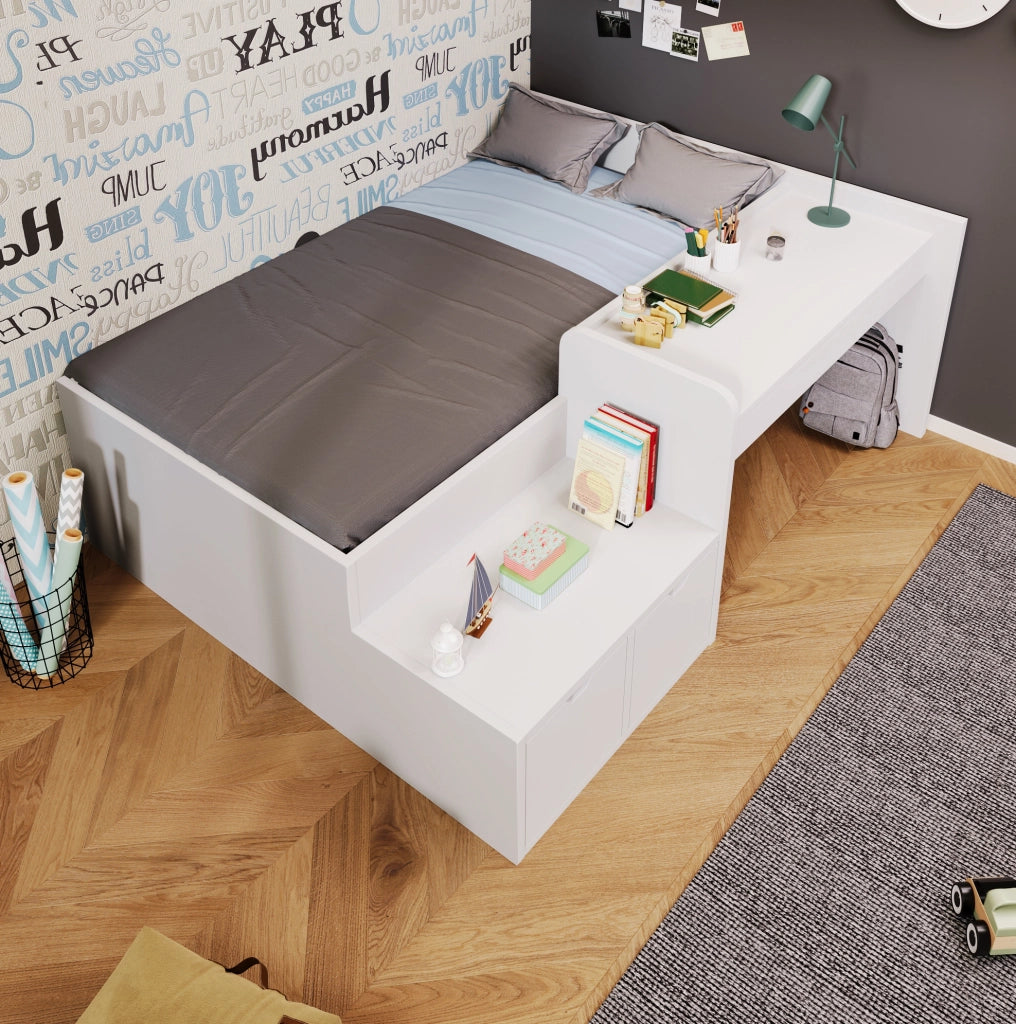 Lettino per bambini 90x200 cm con scrivania e 2 cassetti; in legno massiccio e MDF; bianco