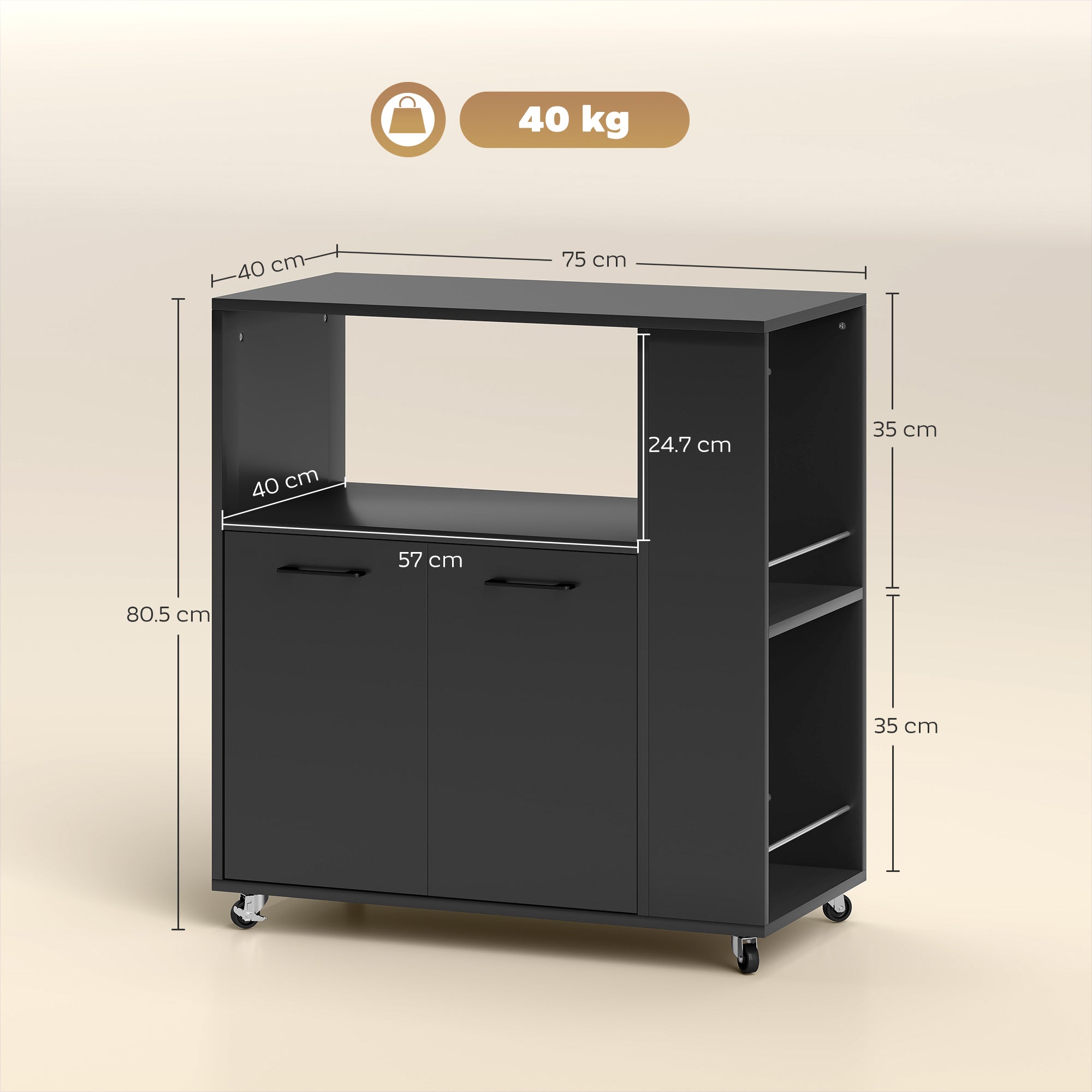 Carrello Cucina 75x40x80,5 cm con Ripiano Aperto Armadietto e Scaffale Laterale in Legno Nero