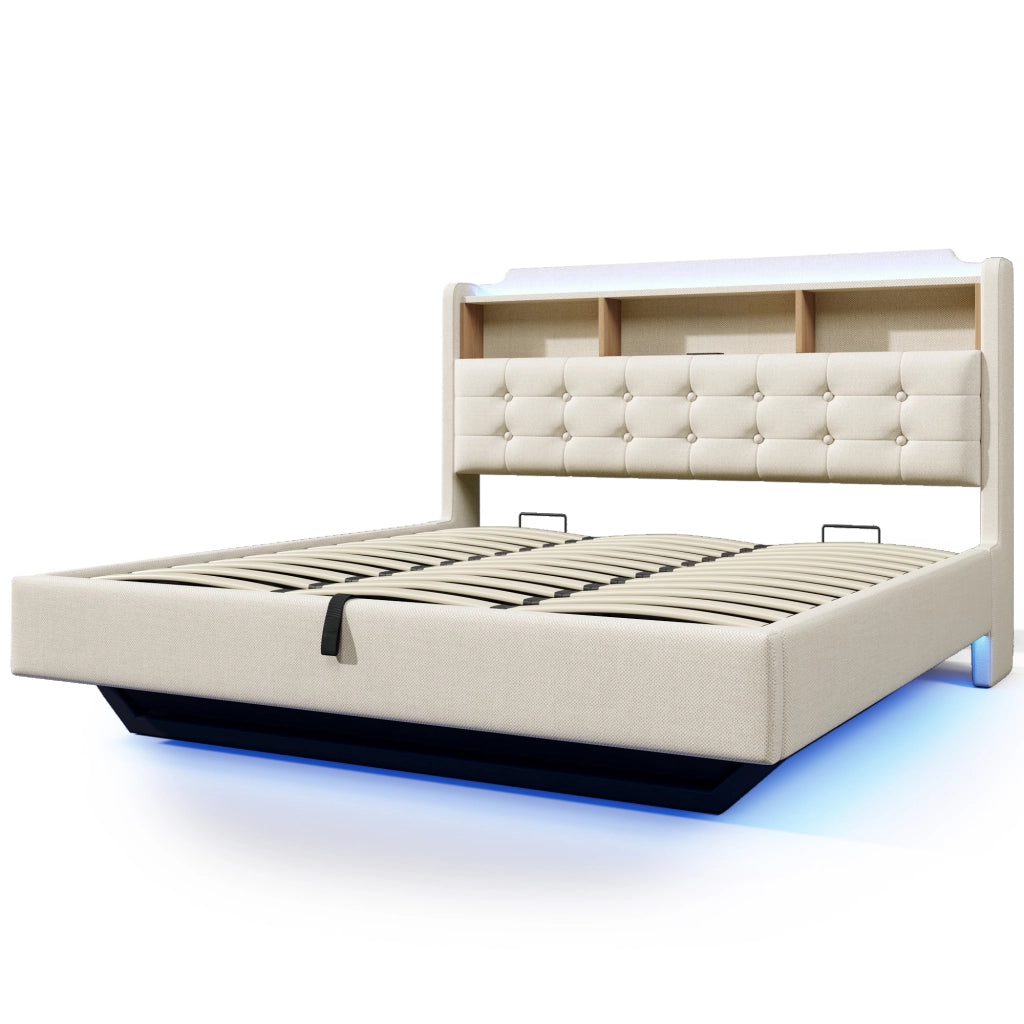 Letto matrimoniale contenitore 180x200 cm effetto sospeso con LED; testiera portaoggetti; USB e USB-C; lino beige