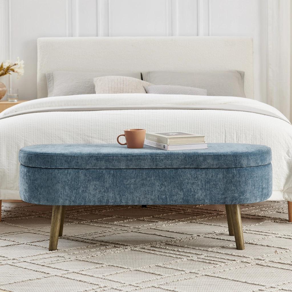 Panca contenitore in chenille con vano portaoggetti da 20 l e struttura in legno massello blu 110 × 40 × 42 cm