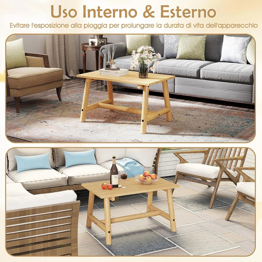 Tavolino da Caffè per Esterno, Tavolino Laterale in Legno con Piano a Doghe, Tavolo Rettangolare per Prato Balcone, Bordo Piscina, Portata 125 kg (Naturale)