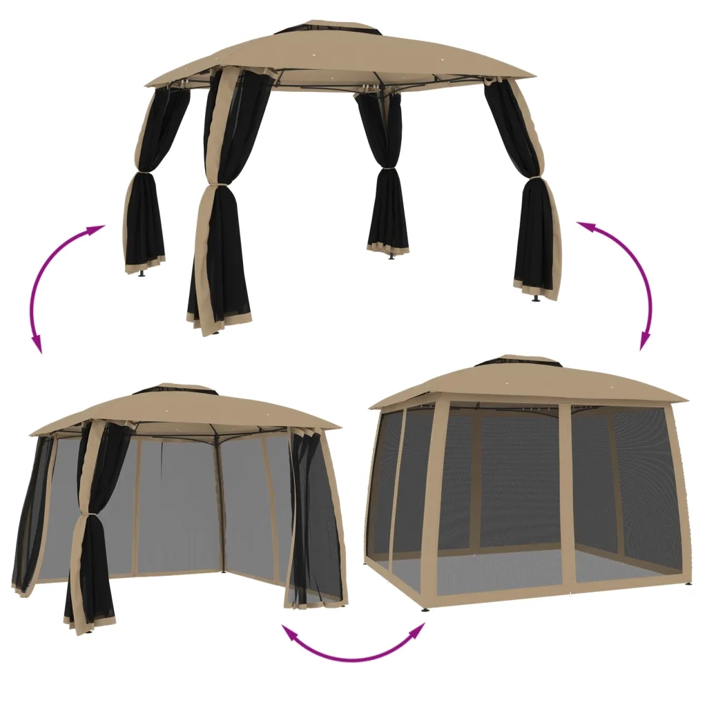 Gazebo con Tetto Doppio/Pareti Rete Tortora 2,93x2,93 m Acciaio
