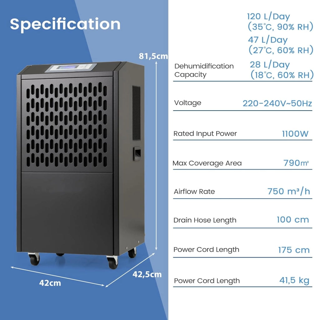 Deumidificatore Elettrico 118L/Giorno, Deumidificatore Professionale Industriale con Ruote, Tubo di Scarico, Timer 24 Ore, Filtro Rimovibile Lavabile, per Cantine, Magazzini, Scantinati (Nero)