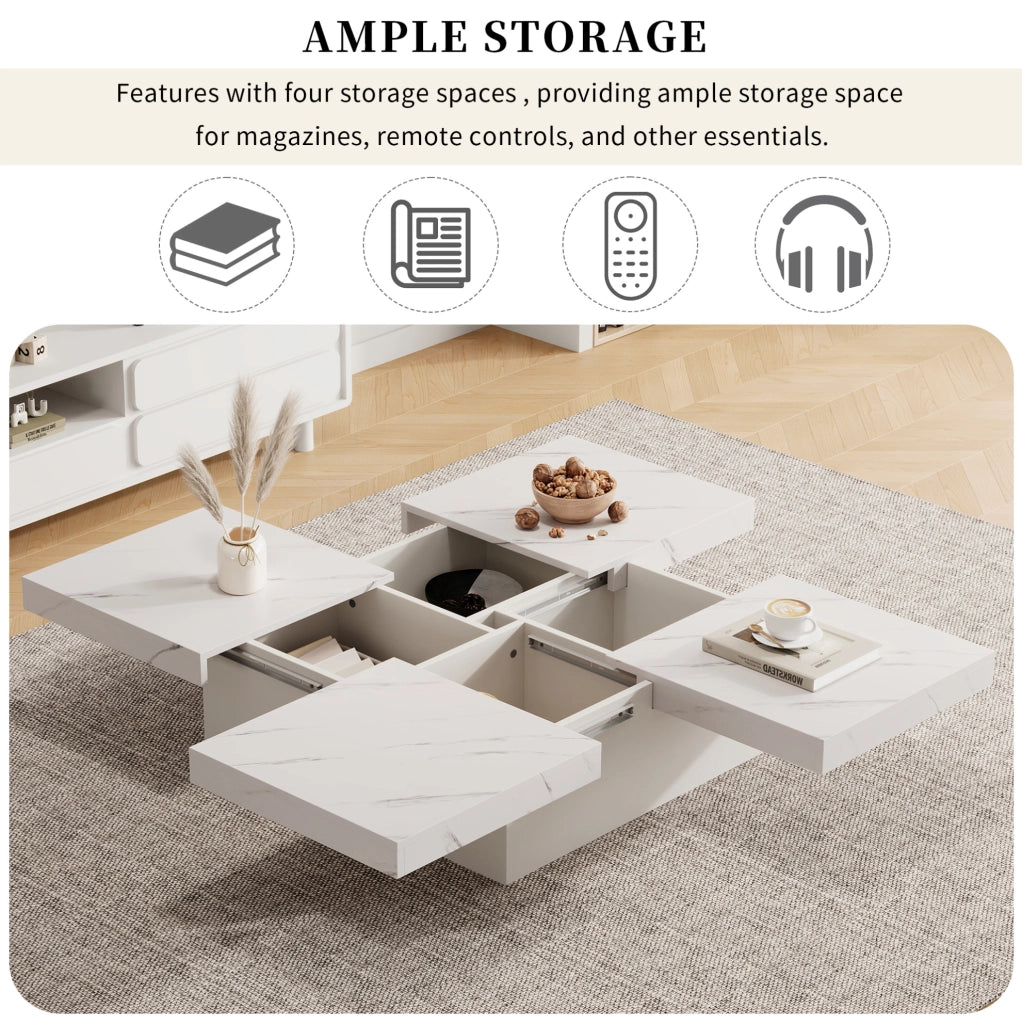 Tavolino da caffè quadrato bianco 90 x 90 x 25 cm in truciolare; effetto marmo; con 4 cassetti