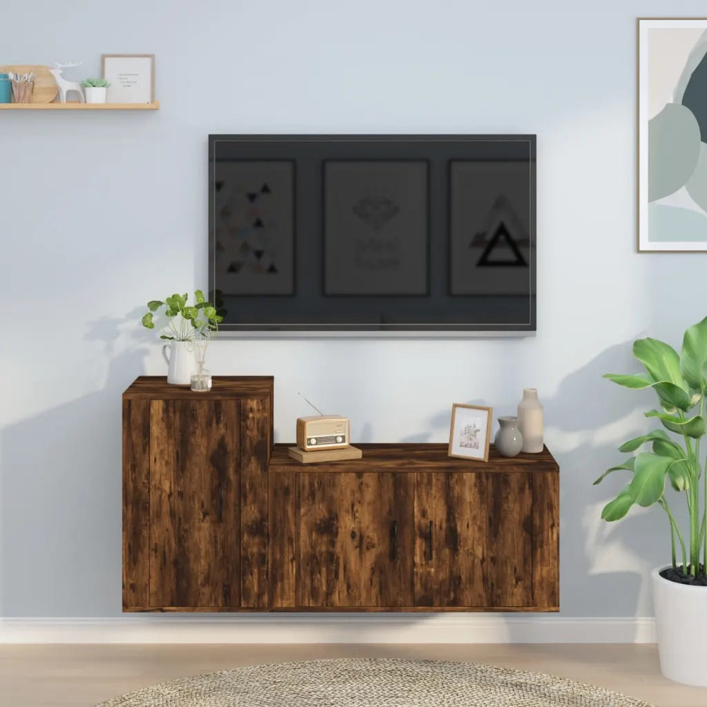 Set Mobili Porta TV 2 pz | Armadietto TV | Mobile Porta TV Rovere Fumo in Legno Multistrato