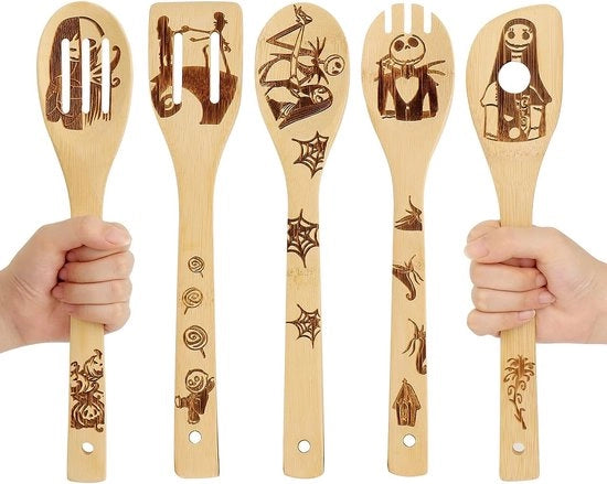 Set di cucchiai in legno personalizzati, tema Nightmare Before Christmas, utensili da cucina in bambù, decorazione cucina, regali di Natale, regalo di benvenuto.